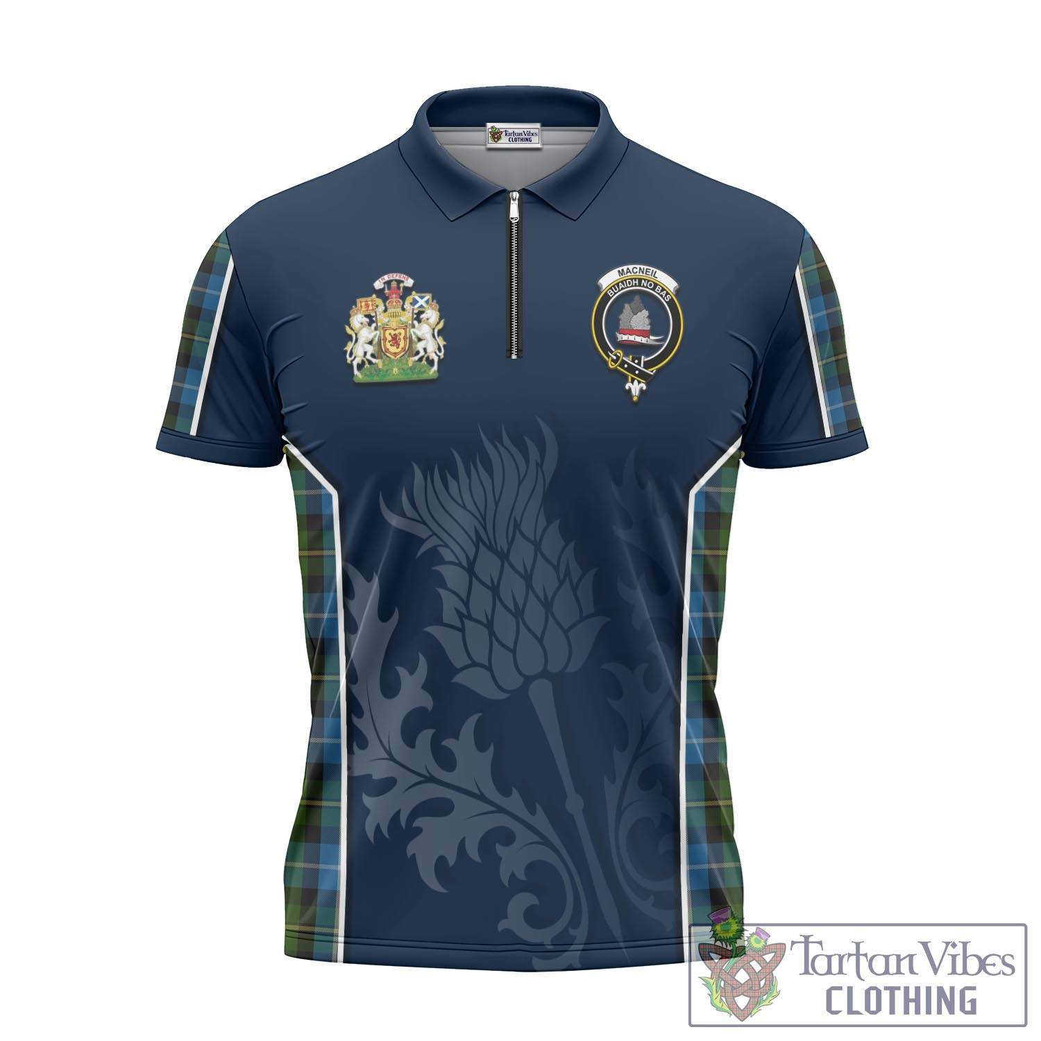 Tartan Vibes Clothing MacNeil of Barra Tartan Zipper Polo Shirt with Family Crest and Scottish Thistle Vibes Sport Style