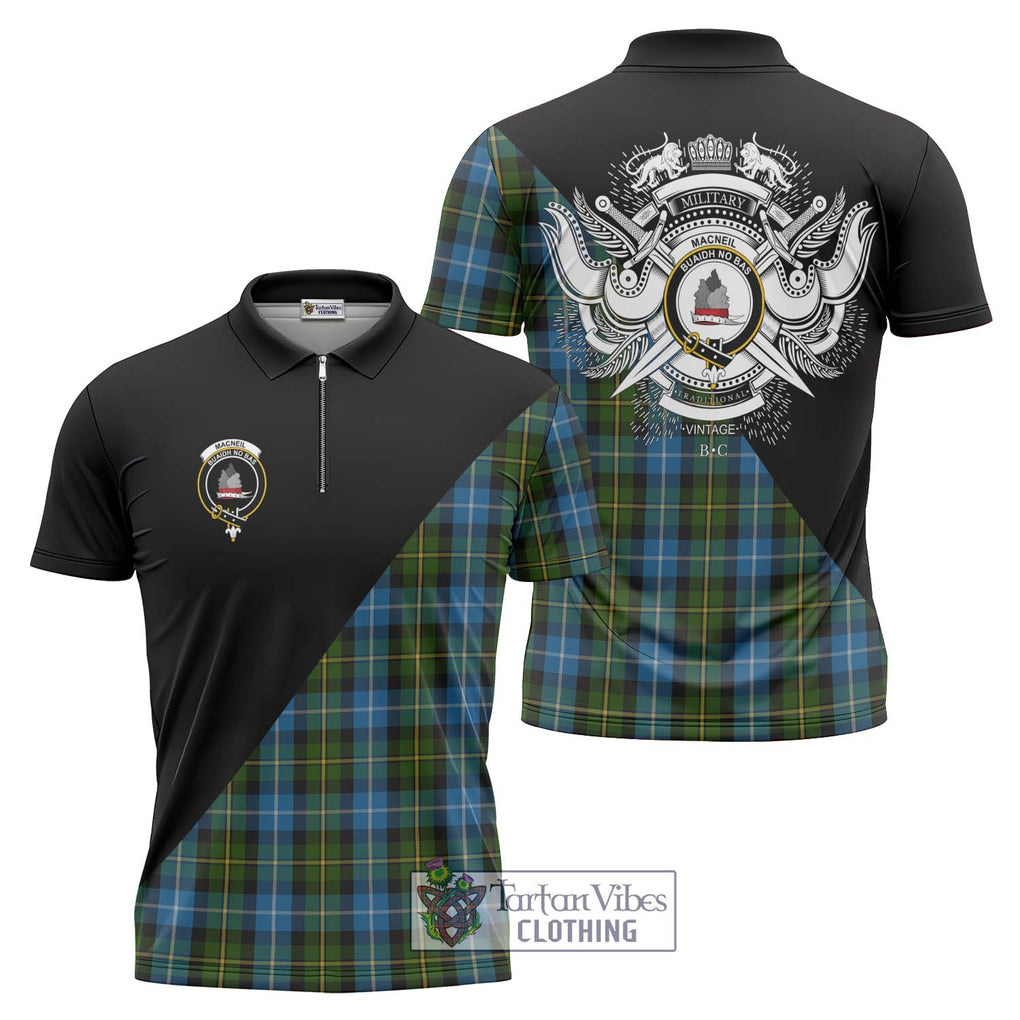 MacNeil of Barra Tartan Zipper Polo Shirt with Family Crest and Military Logo Style Unisex - Tartanvibesclothing Shop