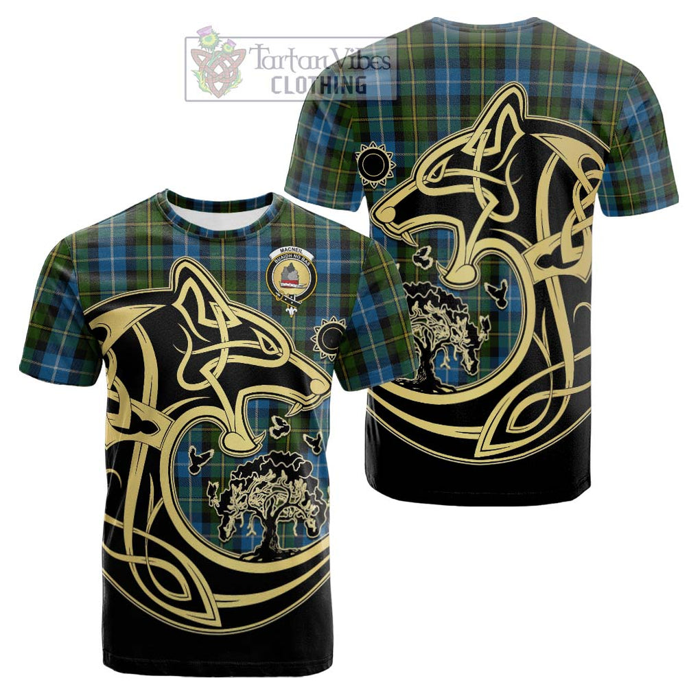 Tartan Vibes Clothing MacNeil of Barra Tartan Cotton T-shirt with Family Crest Celtic Wolf Style