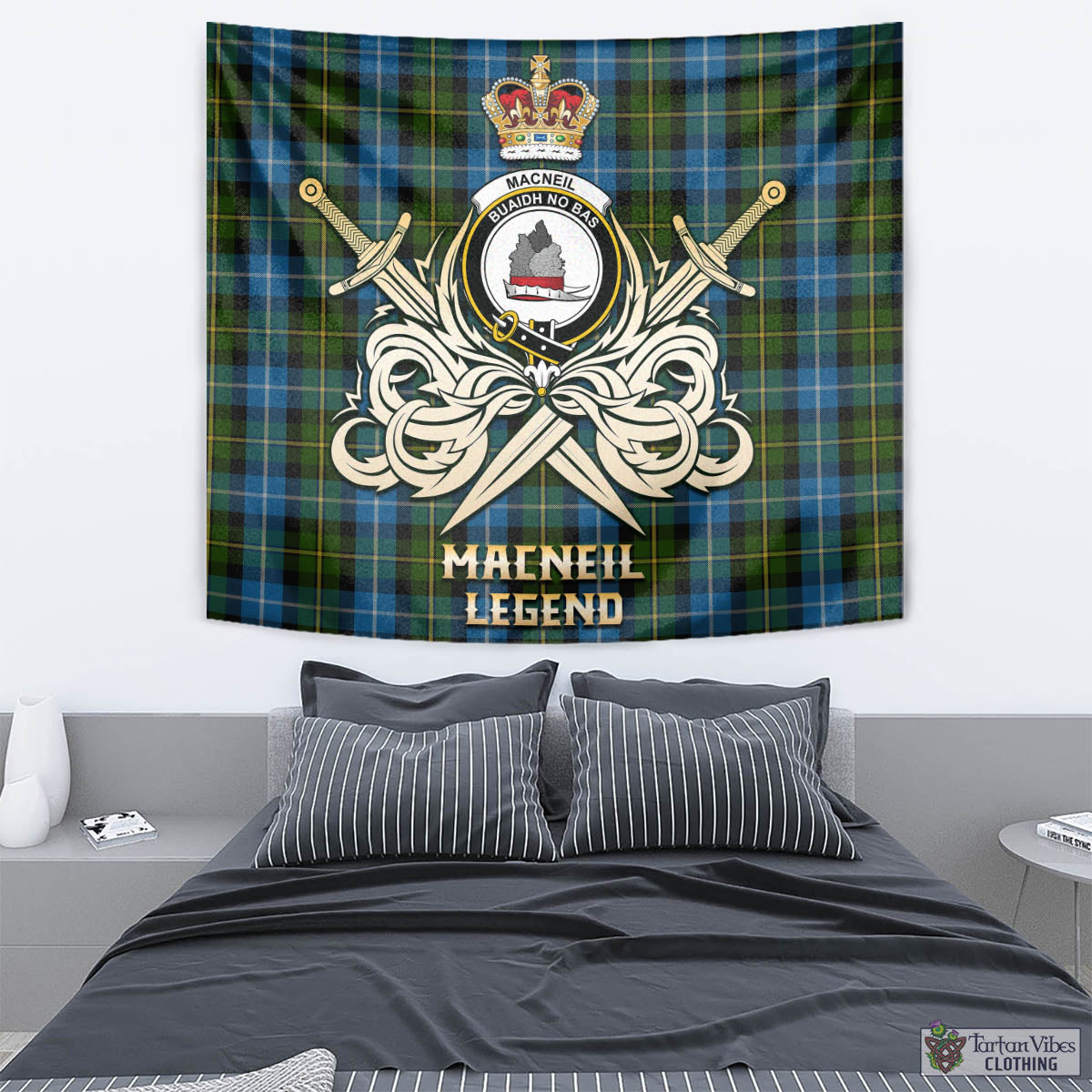 Tartan Vibes Clothing MacNeil of Barra Tartan Tapestry with Clan Crest and the Golden Sword of Courageous Legacy