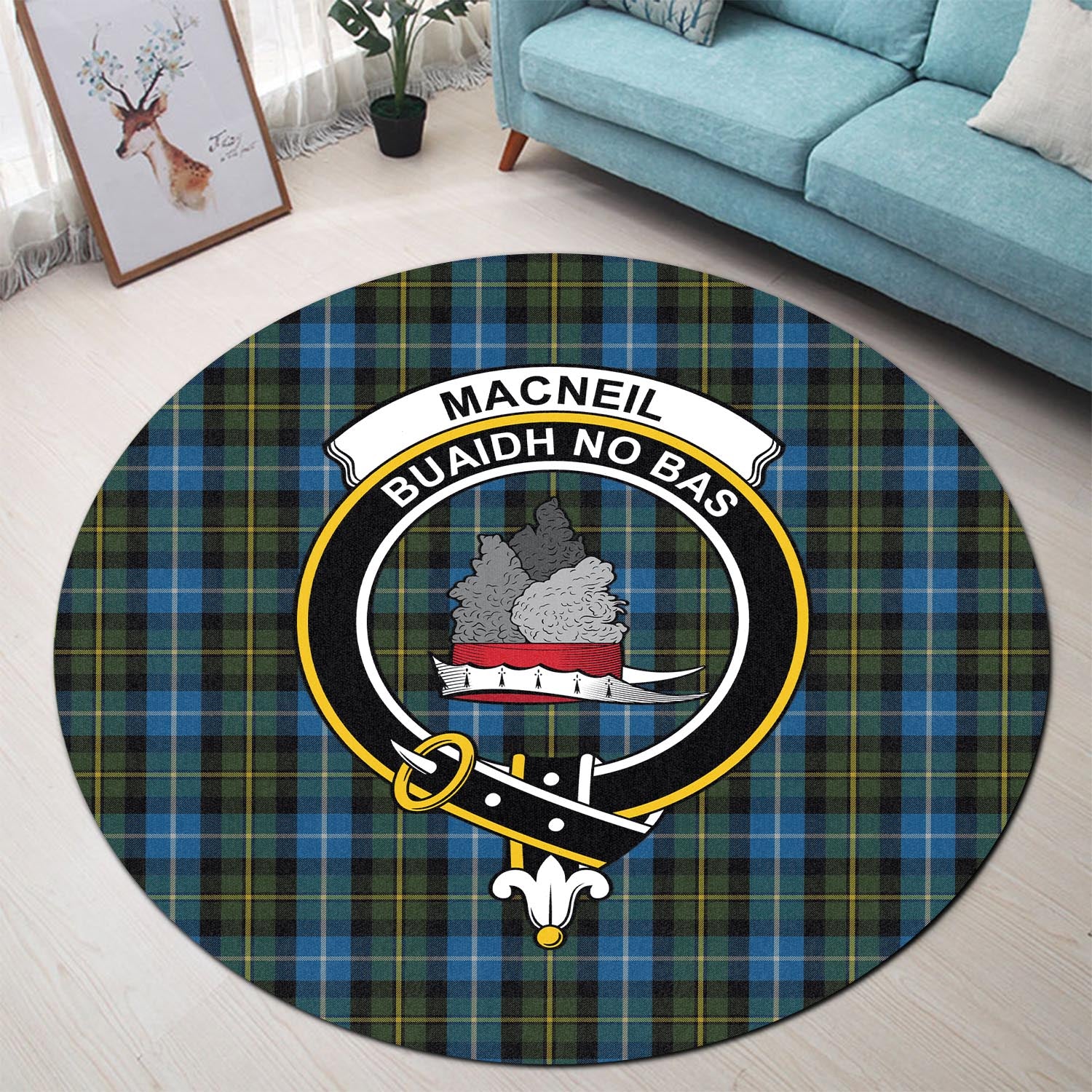 macneil-of-barra-tartan-round-rug-with-family-crest