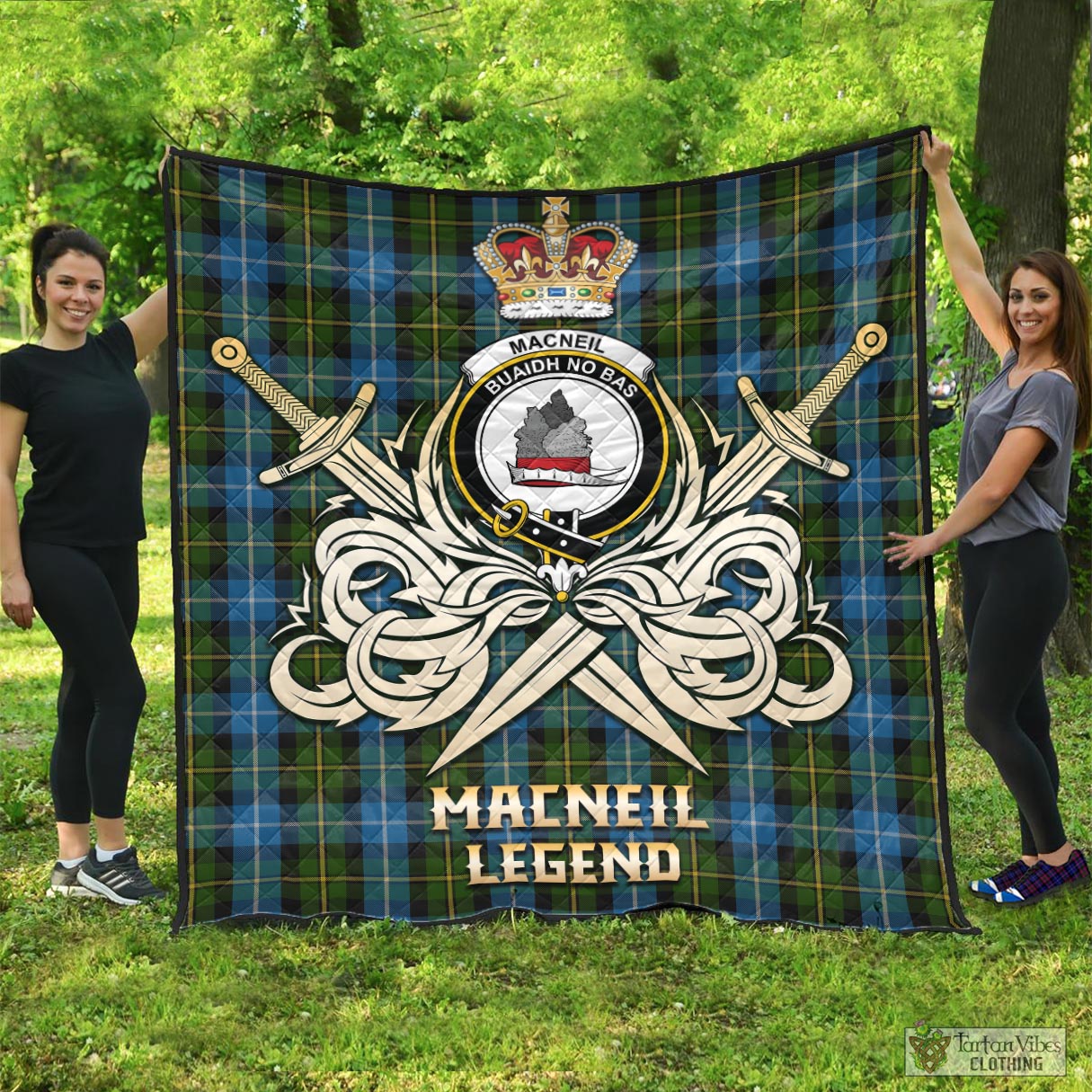 Tartan Vibes Clothing MacNeil of Barra Tartan Quilt with Clan Crest and the Golden Sword of Courageous Legacy