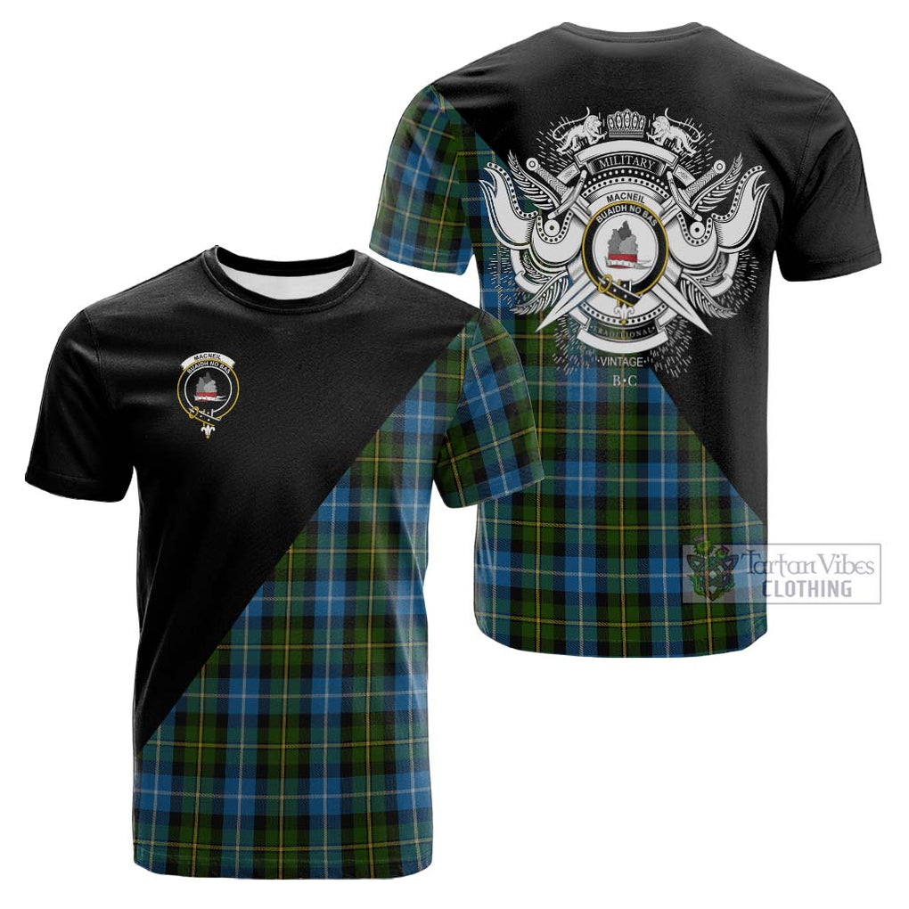 Tartan Vibes Clothing MacNeil of Barra Tartan Cotton T-shirt with Family Crest and Military Logo Style