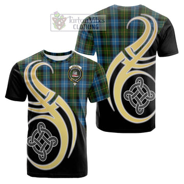 MacNeil of Barra Tartan Cotton T-shirt with Family Crest and Celtic Symbol Style