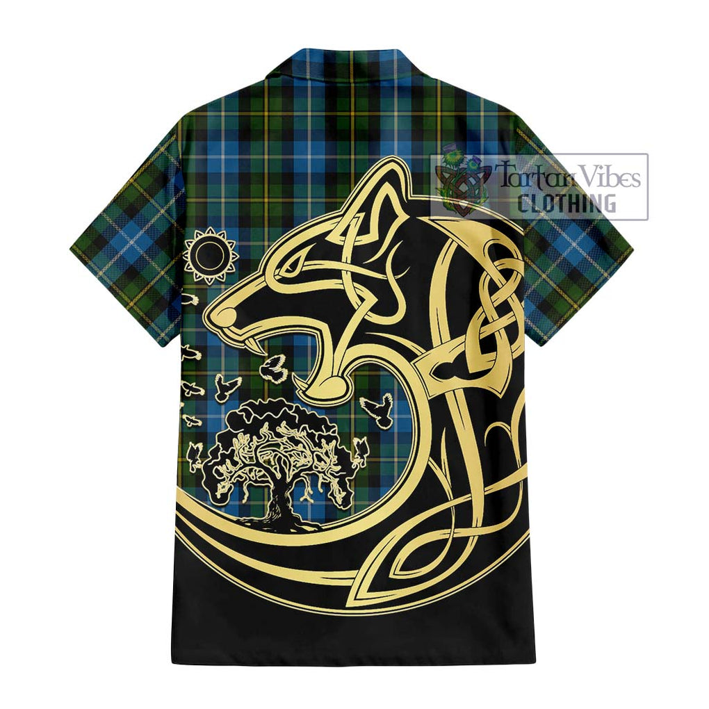 MacNeil of Barra Tartan Short Sleeve Button Shirt with Family Crest Celtic Wolf Style - Tartan Vibes Clothing