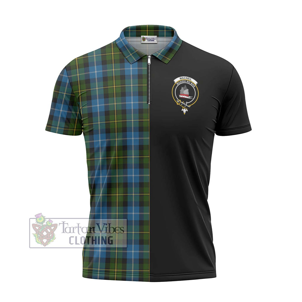 MacNeil of Barra Tartan Zipper Polo Shirt with Family Crest and Half Of Me Style - Tartanvibesclothing Shop