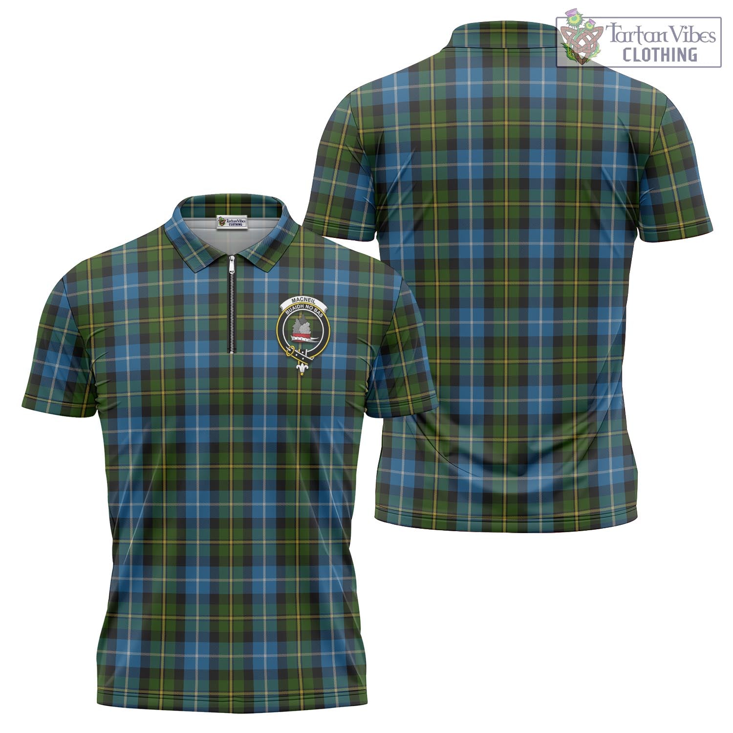 Tartan Vibes Clothing MacNeil of Barra Tartan Zipper Polo Shirt with Family Crest