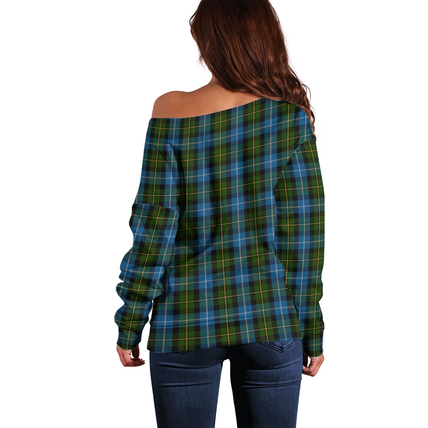 MacNeil of Barra Tartan Off Shoulder Women Sweater with Family Crest - Tartanvibesclothing