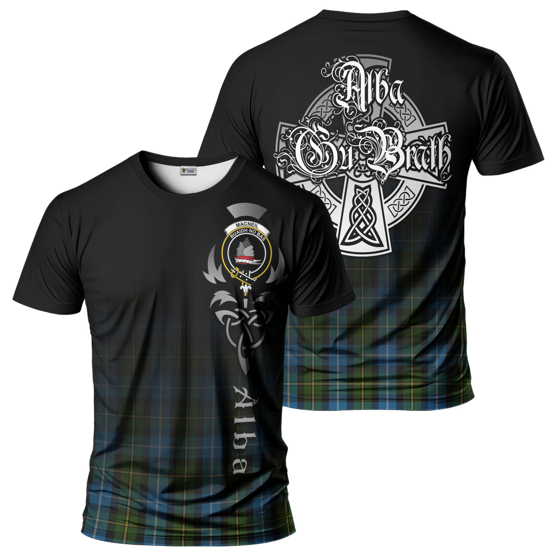 Tartan Vibes Clothing MacNeil of Barra Tartan T-Shirt Featuring Alba Gu Brath Family Crest Celtic Inspired