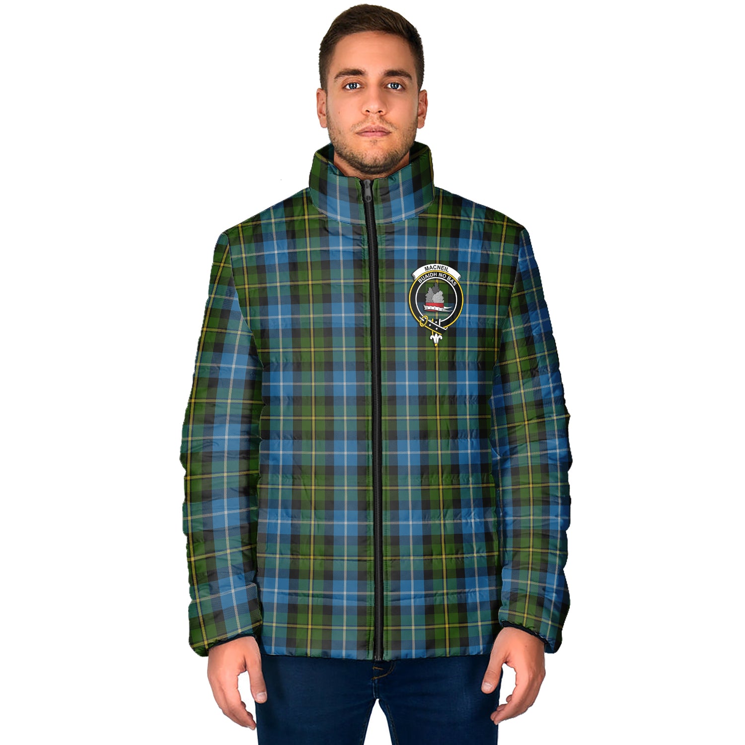 MacNeil of Barra Tartan Padded Jacket with Family Crest - Tartan Vibes Clothing