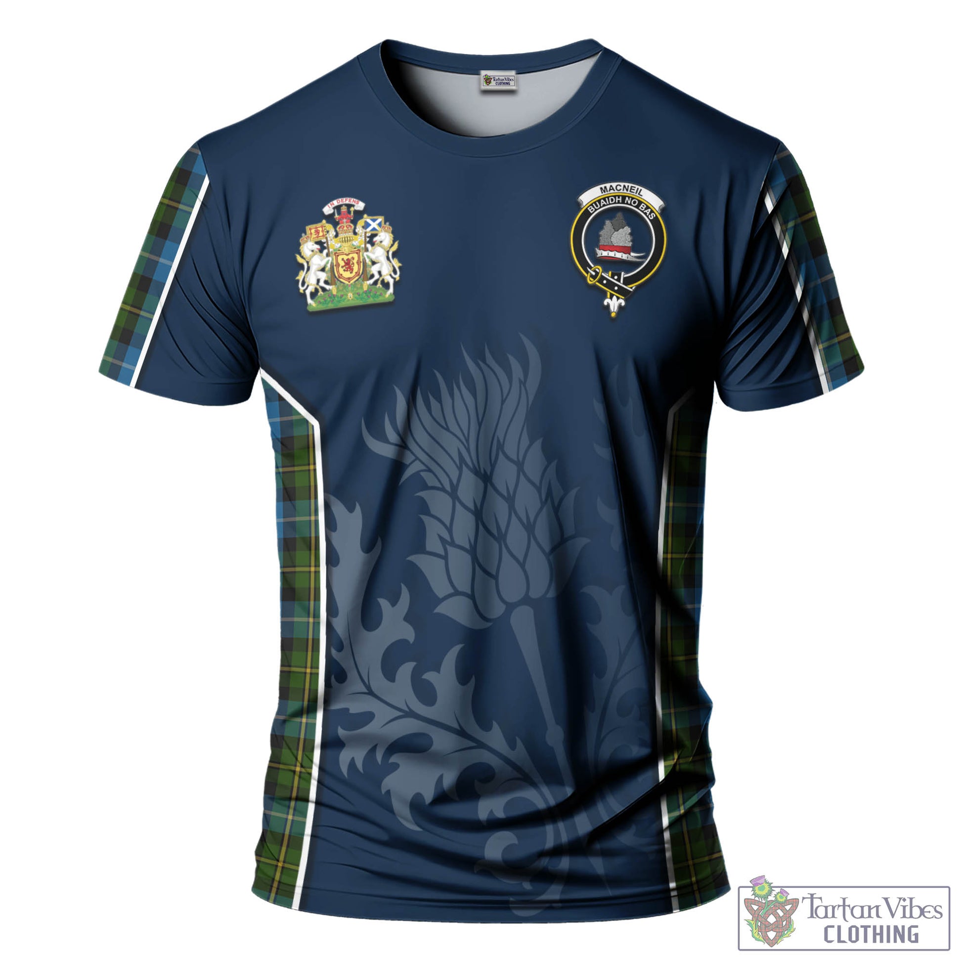 Tartan Vibes Clothing MacNeil of Barra Tartan T-Shirt with Family Crest and Scottish Thistle Vibes Sport Style