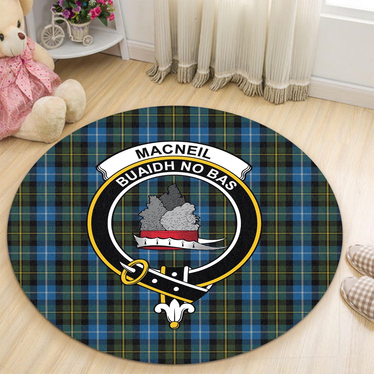 macneil-of-barra-tartan-round-rug-with-family-crest