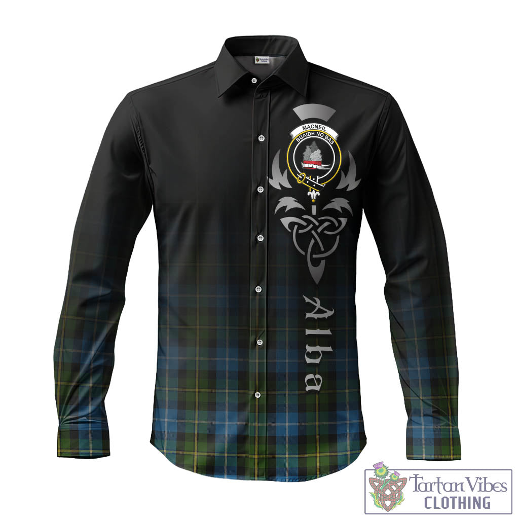 Tartan Vibes Clothing MacNeil of Barra Tartan Long Sleeve Button Up Featuring Alba Gu Brath Family Crest Celtic Inspired