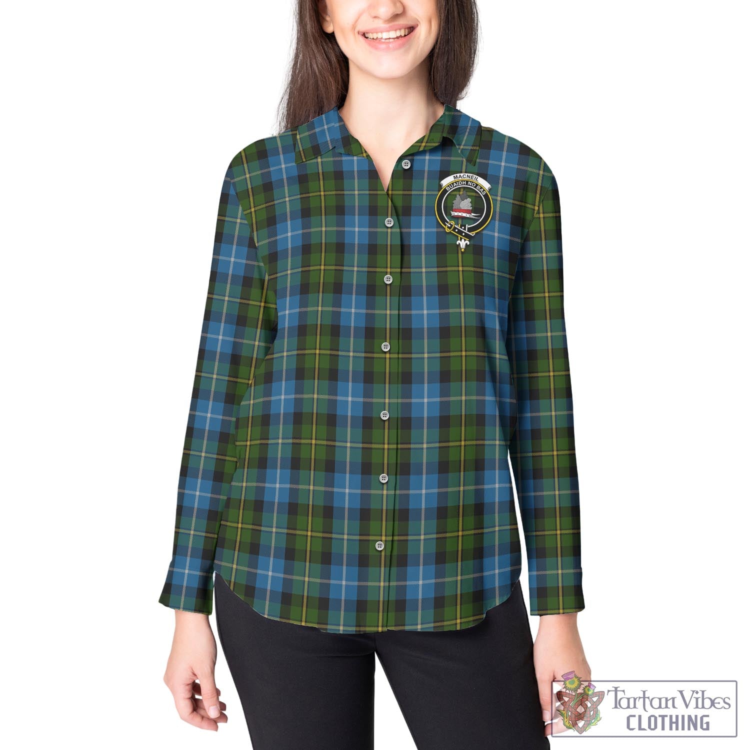 Tartan Vibes Clothing MacNeil of Barra Tartan Womens Casual Shirt with Family Crest