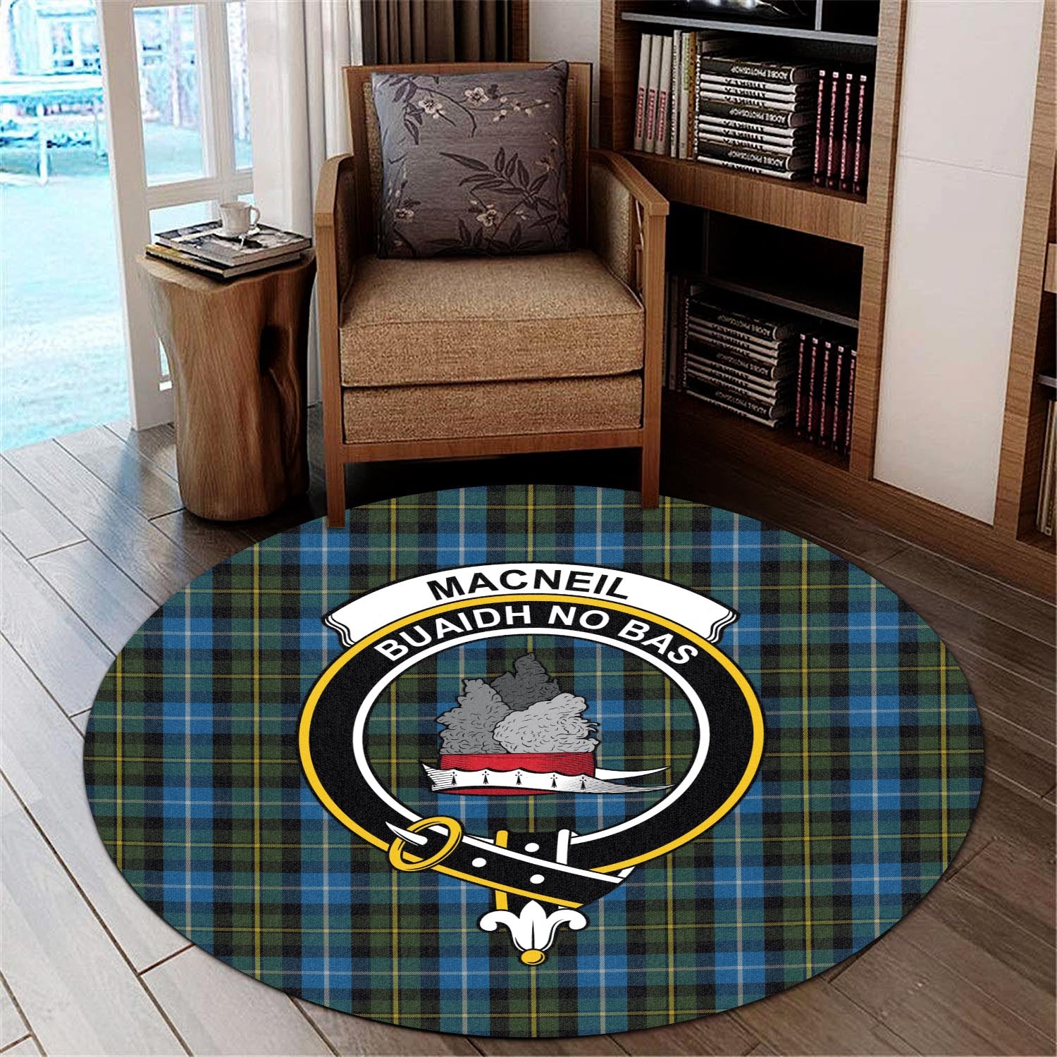 macneil-of-barra-tartan-round-rug-with-family-crest