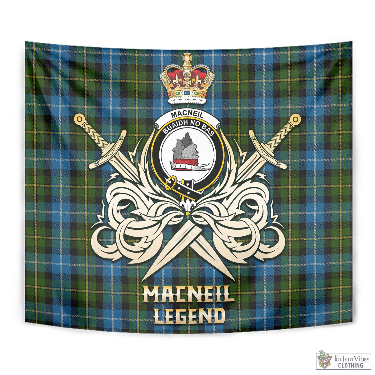 Tartan Vibes Clothing MacNeil of Barra Tartan Tapestry with Clan Crest and the Golden Sword of Courageous Legacy