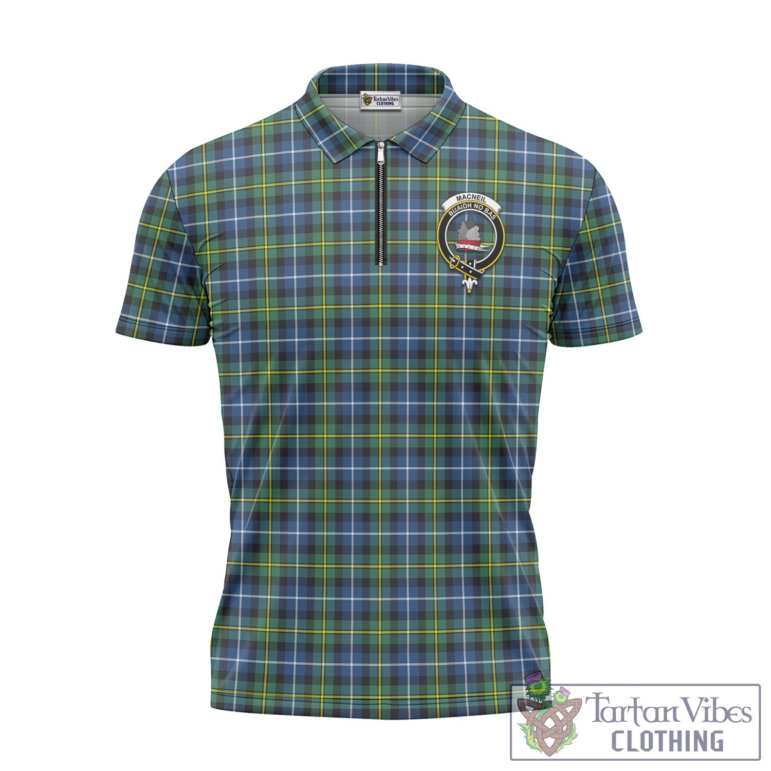 Tartan Vibes Clothing MacNeil of Barra Ancient Tartan Zipper Polo Shirt with Family Crest