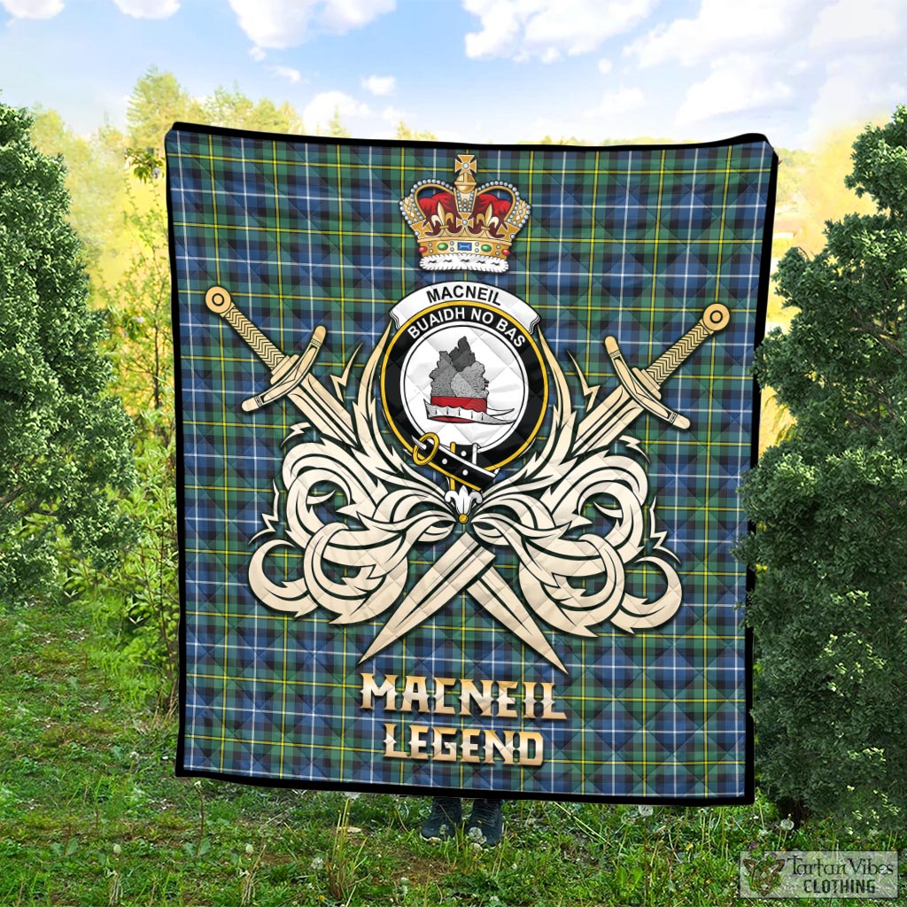 Tartan Vibes Clothing MacNeil of Barra Ancient Tartan Quilt with Clan Crest and the Golden Sword of Courageous Legacy