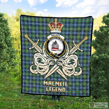 MacNeil of Barra Ancient Tartan Quilt with Clan Crest and the Golden Sword of Courageous Legacy