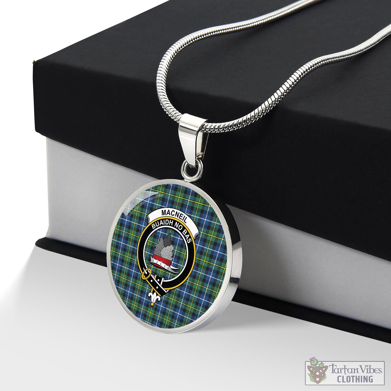 Tartan Vibes Clothing MacNeil of Barra Ancient Tartan Circle Necklace with Family Crest