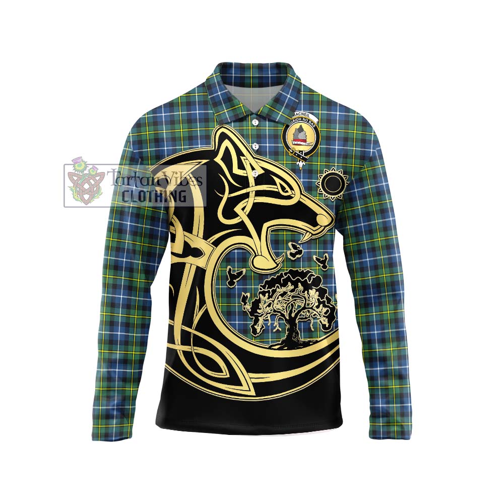 MacNeil of Barra Ancient Tartan Long Sleeve Polo Shirt with Family Crest Celtic Wolf Style Unisex - Tartanvibesclothing Shop