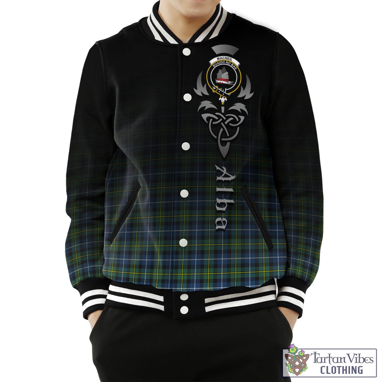 Tartan Vibes Clothing MacNeil of Barra Ancient Tartan Baseball Jacket Featuring Alba Gu Brath Family Crest Celtic Inspired