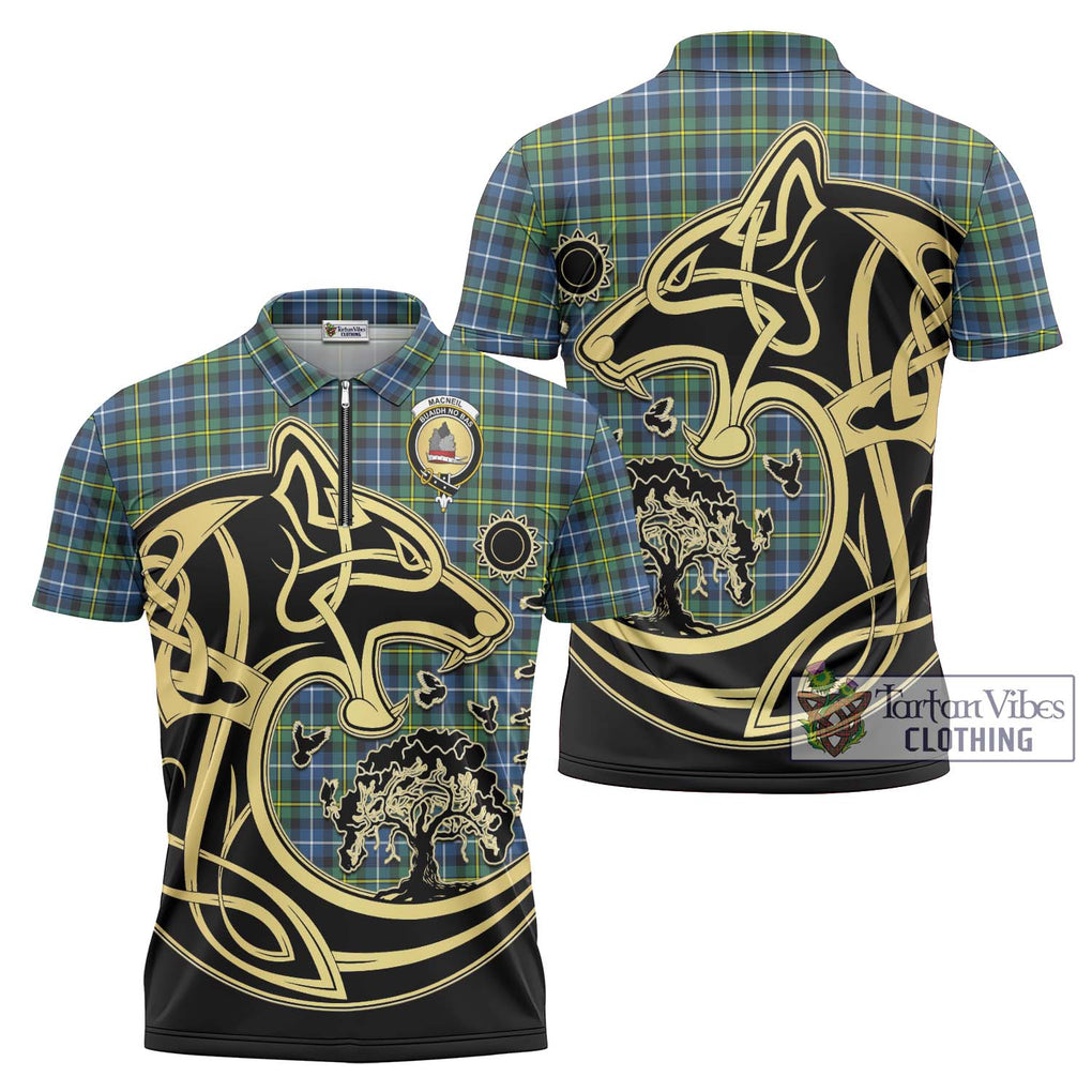 MacNeil of Barra Ancient Tartan Zipper Polo Shirt with Family Crest Celtic Wolf Style Unisex - Tartanvibesclothing Shop