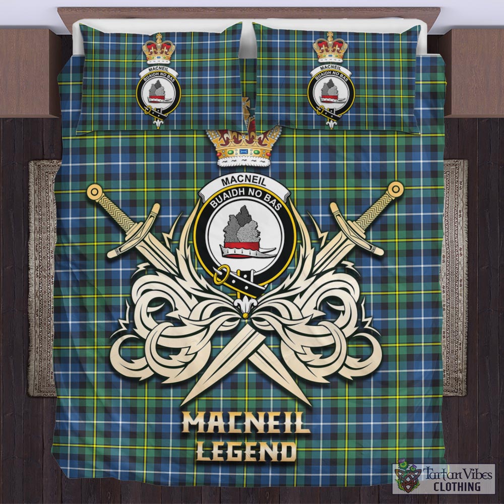 Tartan Vibes Clothing MacNeil of Barra Ancient Tartan Bedding Set with Clan Crest and the Golden Sword of Courageous Legacy