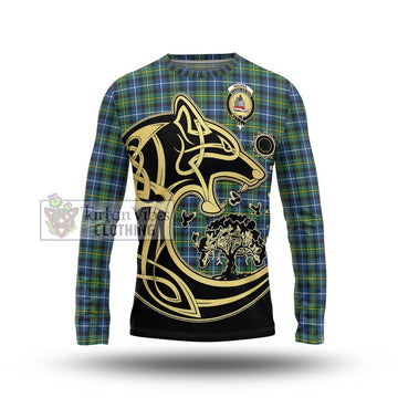 MacNeil of Barra Ancient Tartan Long Sleeve T-Shirt with Family Crest Celtic Wolf Style