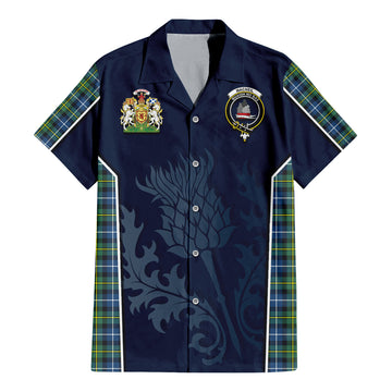 MacNeil of Barra Ancient Tartan Short Sleeve Button Up Shirt with Family Crest and Scottish Thistle Vibes Sport Style