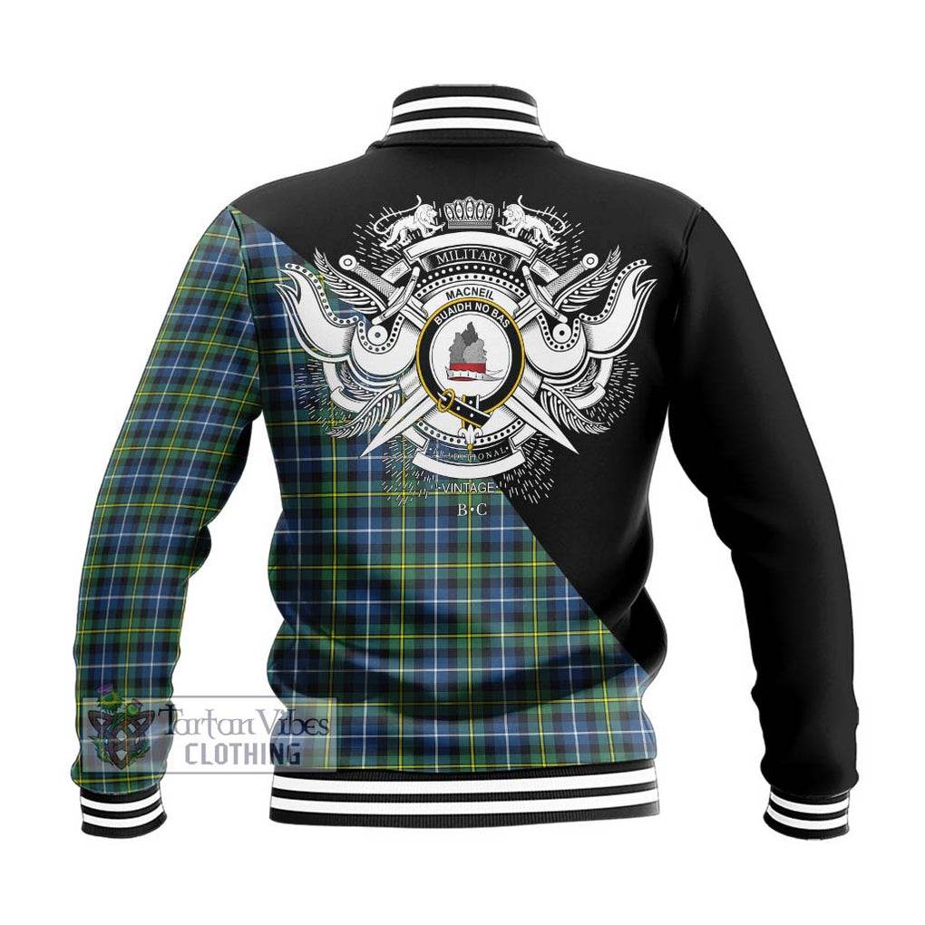 MacNeil of Barra Ancient Tartan Baseball Jacket with Family Crest and Military Logo Style - Tartanvibesclothing Shop