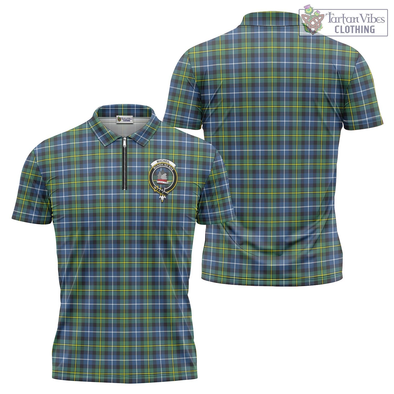 Tartan Vibes Clothing MacNeil of Barra Ancient Tartan Zipper Polo Shirt with Family Crest