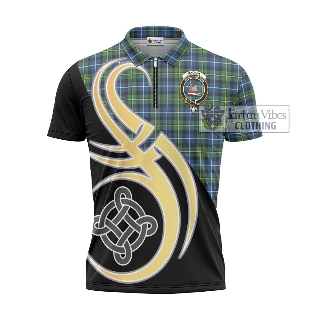 Tartan Vibes Clothing MacNeil of Barra Ancient Tartan Zipper Polo Shirt with Family Crest and Celtic Symbol Style