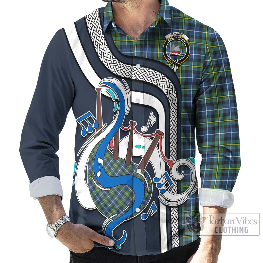 MacNeil of Barra Ancient Tartan Long Sleeve Button Shirt with Epic Bagpipe Style - Tartanvibesclothing Shop