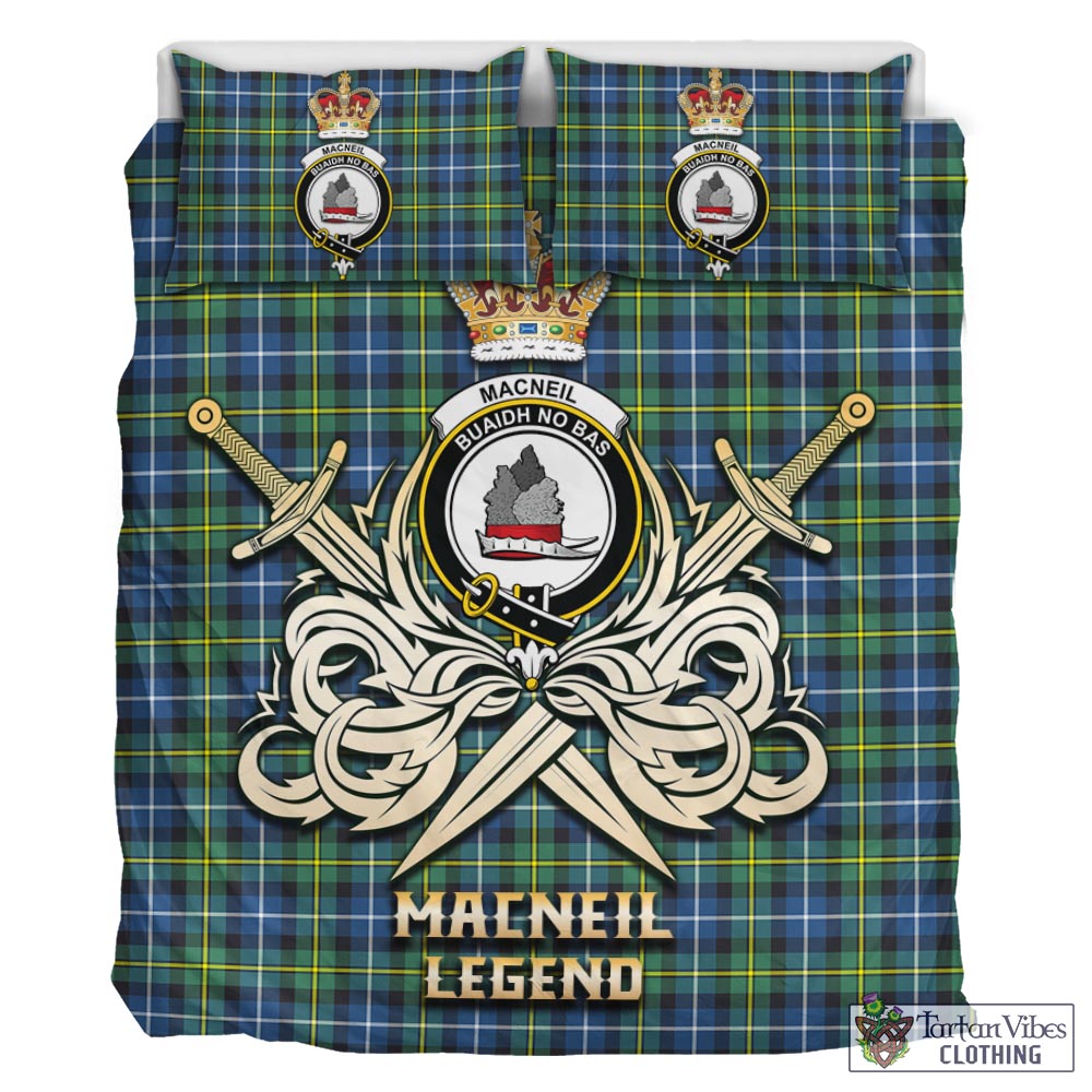 Tartan Vibes Clothing MacNeil of Barra Ancient Tartan Bedding Set with Clan Crest and the Golden Sword of Courageous Legacy