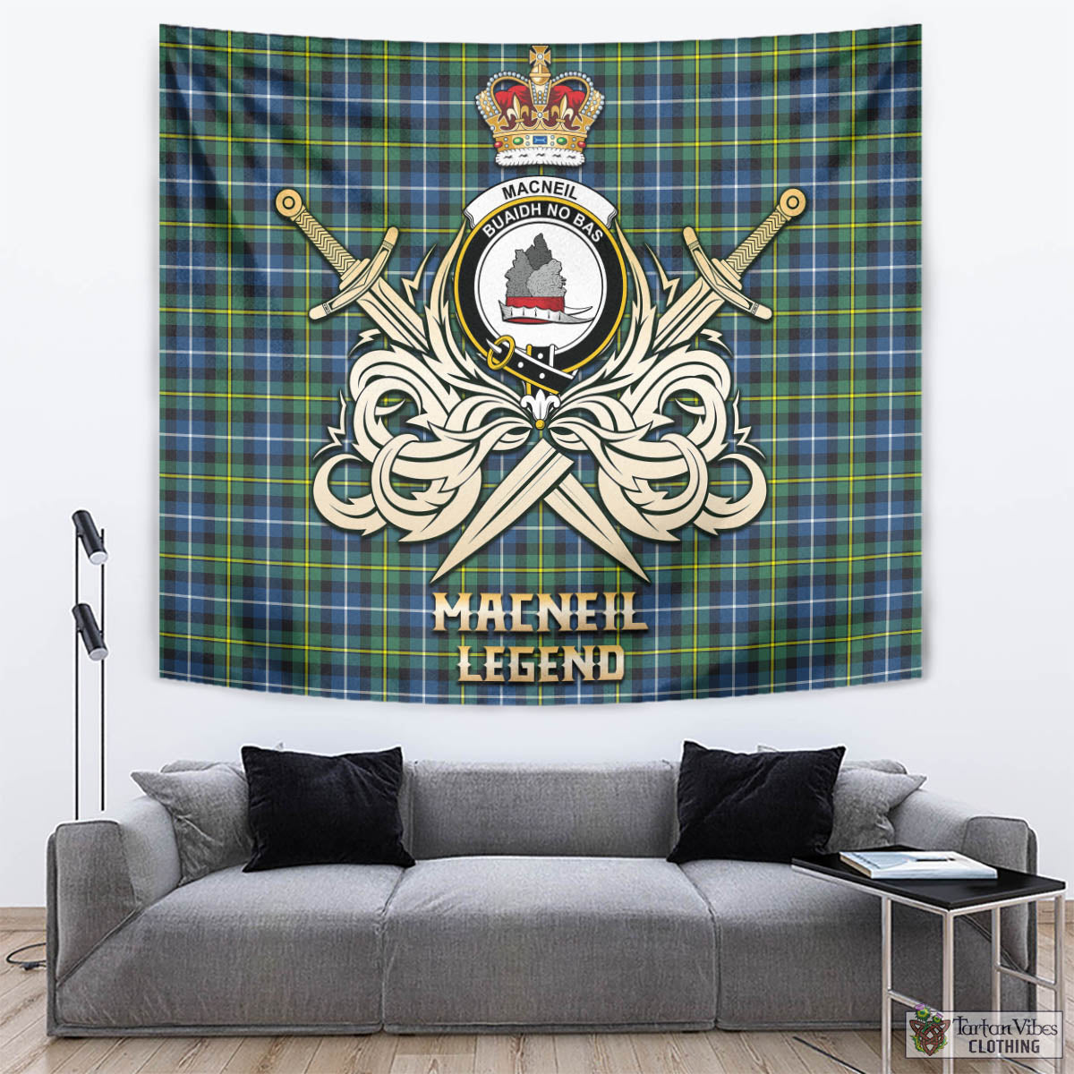 Tartan Vibes Clothing MacNeil of Barra Ancient Tartan Tapestry with Clan Crest and the Golden Sword of Courageous Legacy