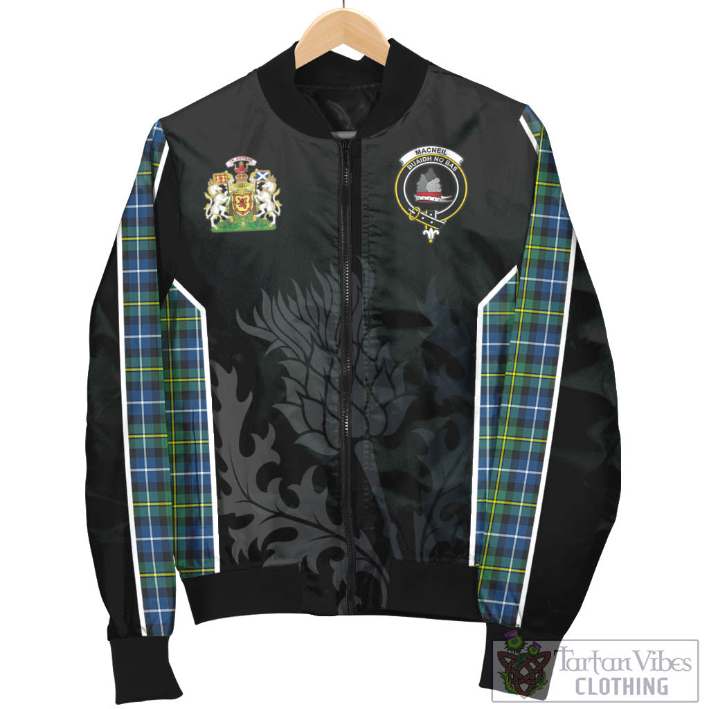 Tartan Vibes Clothing MacNeil of Barra Ancient Tartan Bomber Jacket with Family Crest and Scottish Thistle Vibes Sport Style