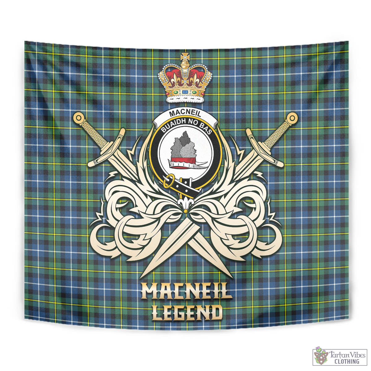 Tartan Vibes Clothing MacNeil of Barra Ancient Tartan Tapestry with Clan Crest and the Golden Sword of Courageous Legacy