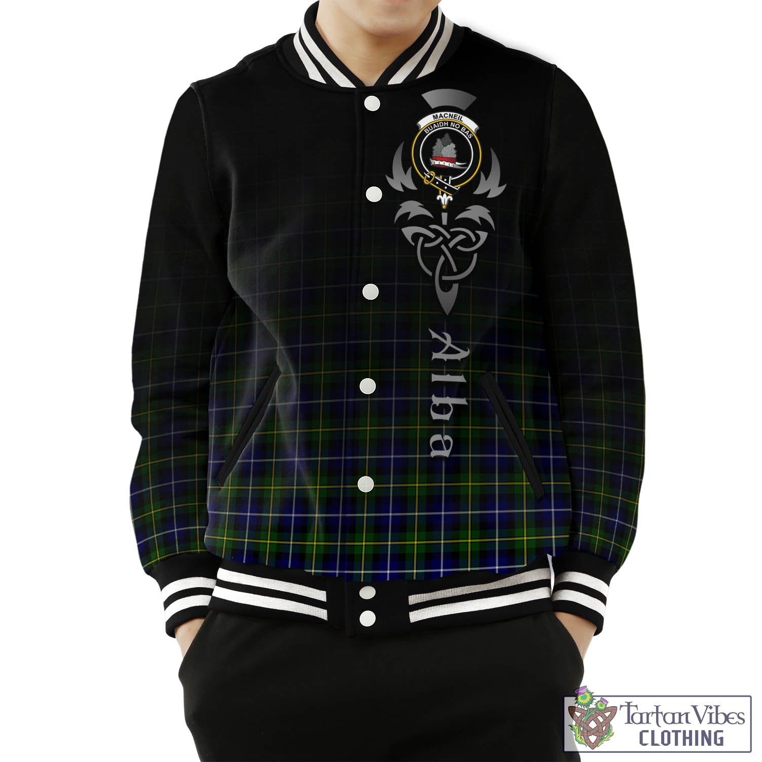 Tartan Vibes Clothing MacNeil of Barra Modern Tartan Baseball Jacket Featuring Alba Gu Brath Family Crest Celtic Inspired