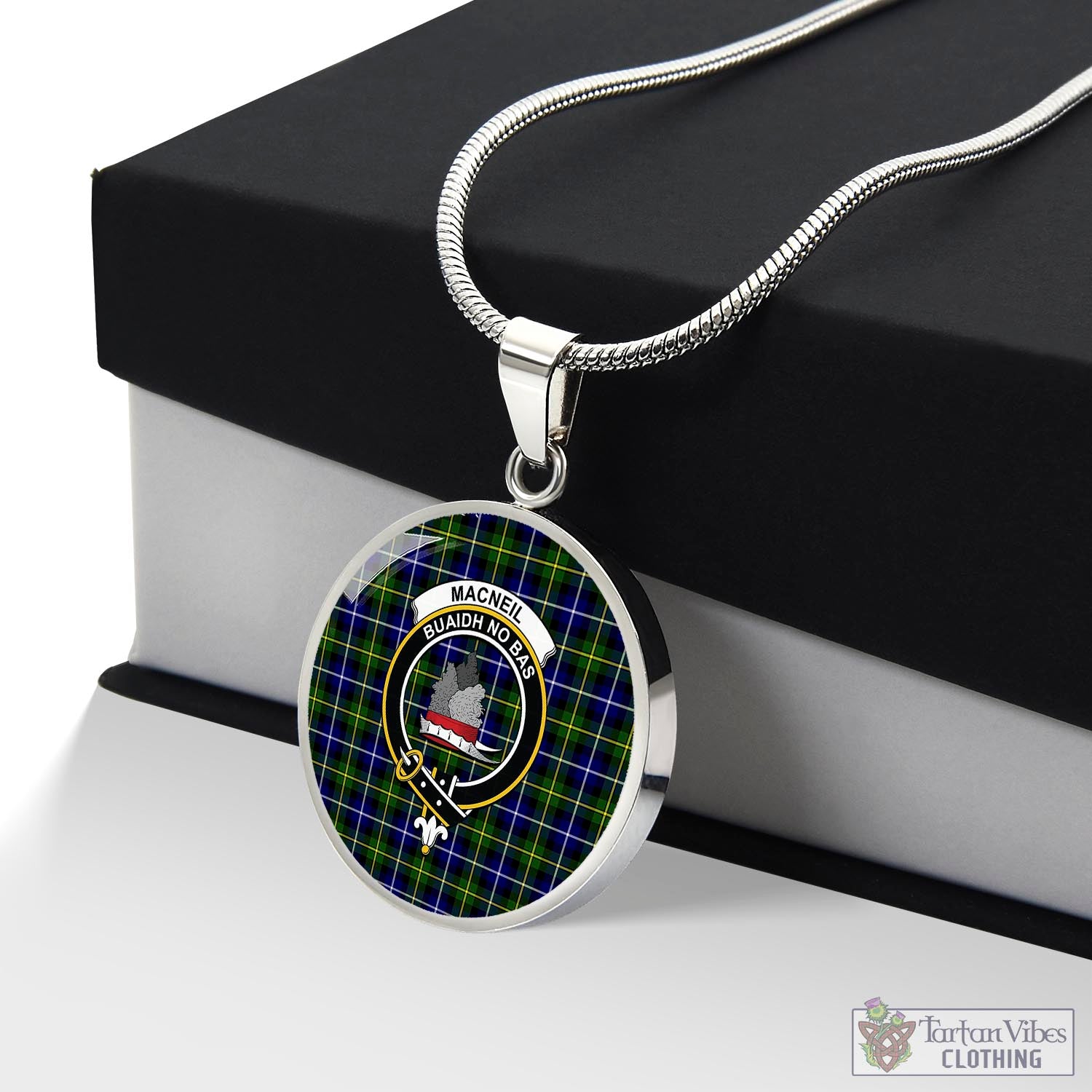 Tartan Vibes Clothing MacNeil of Barra Modern Tartan Circle Necklace with Family Crest