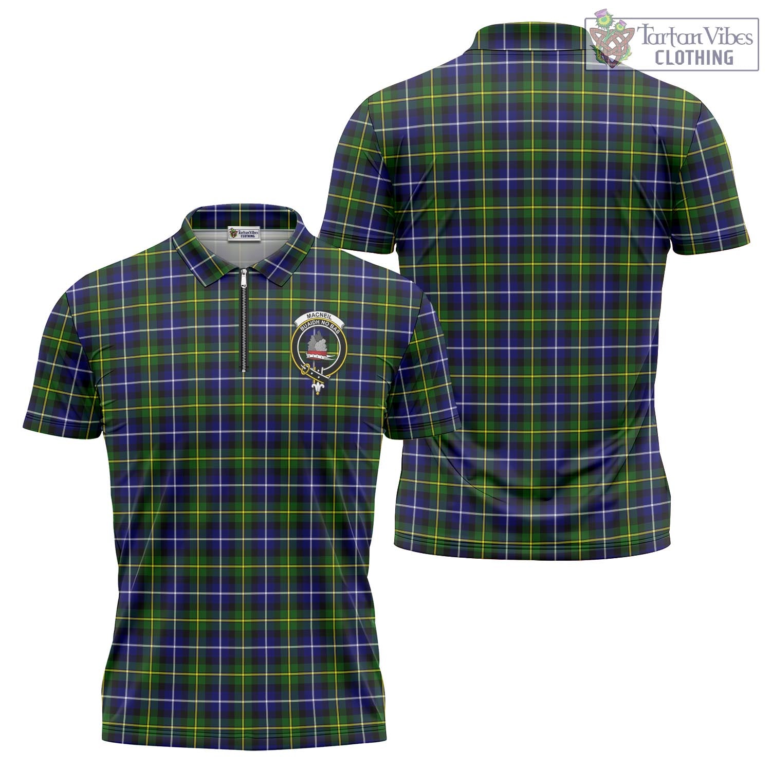 Tartan Vibes Clothing MacNeil of Barra Modern Tartan Zipper Polo Shirt with Family Crest