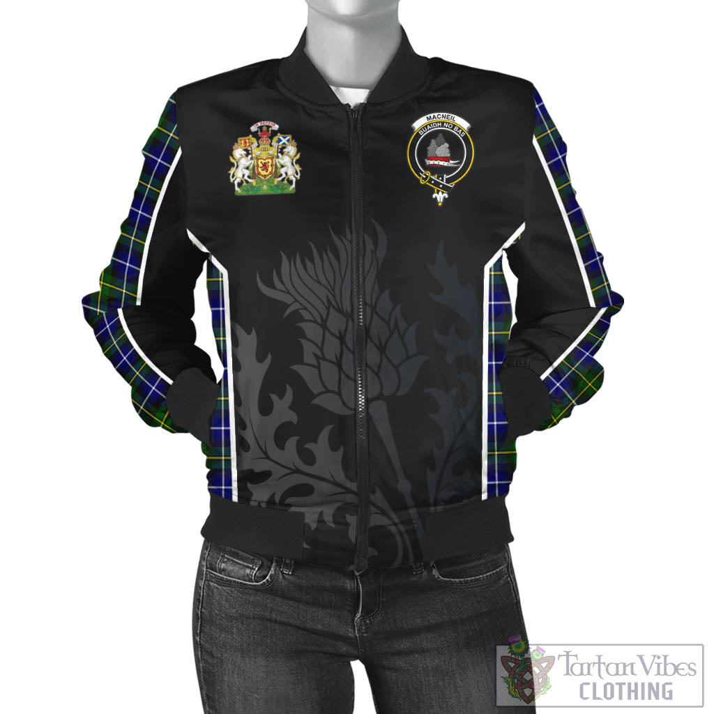 Tartan Vibes Clothing MacNeil of Barra Modern Tartan Bomber Jacket with Family Crest and Scottish Thistle Vibes Sport Style