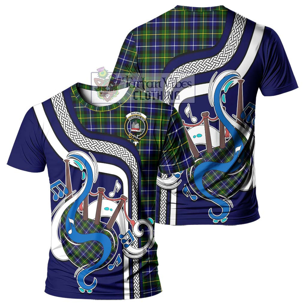 MacNeil of Barra Modern Tartan T-Shirt with Epic Bagpipe Style - Tartanvibesclothing Shop