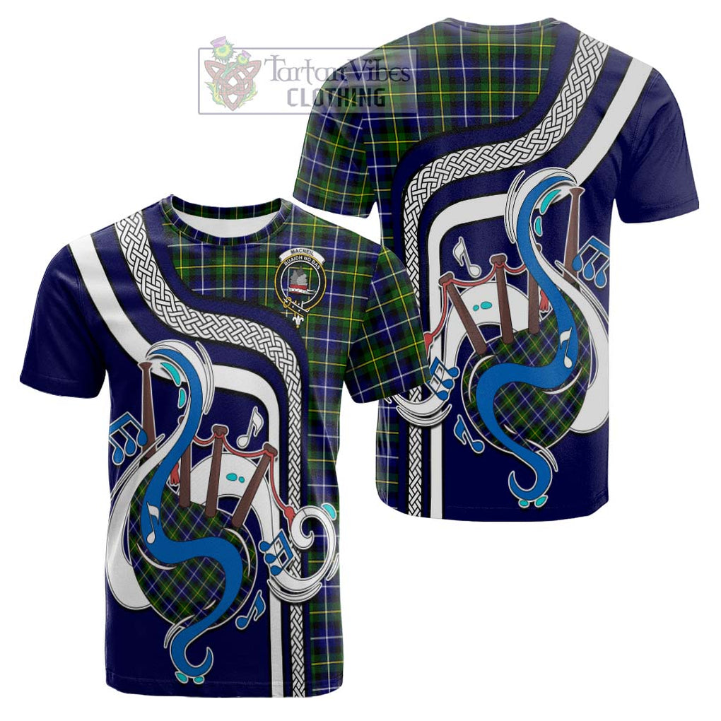 Tartan Vibes Clothing MacNeil of Barra Modern Tartan Cotton T-shirt with Epic Bagpipe Style