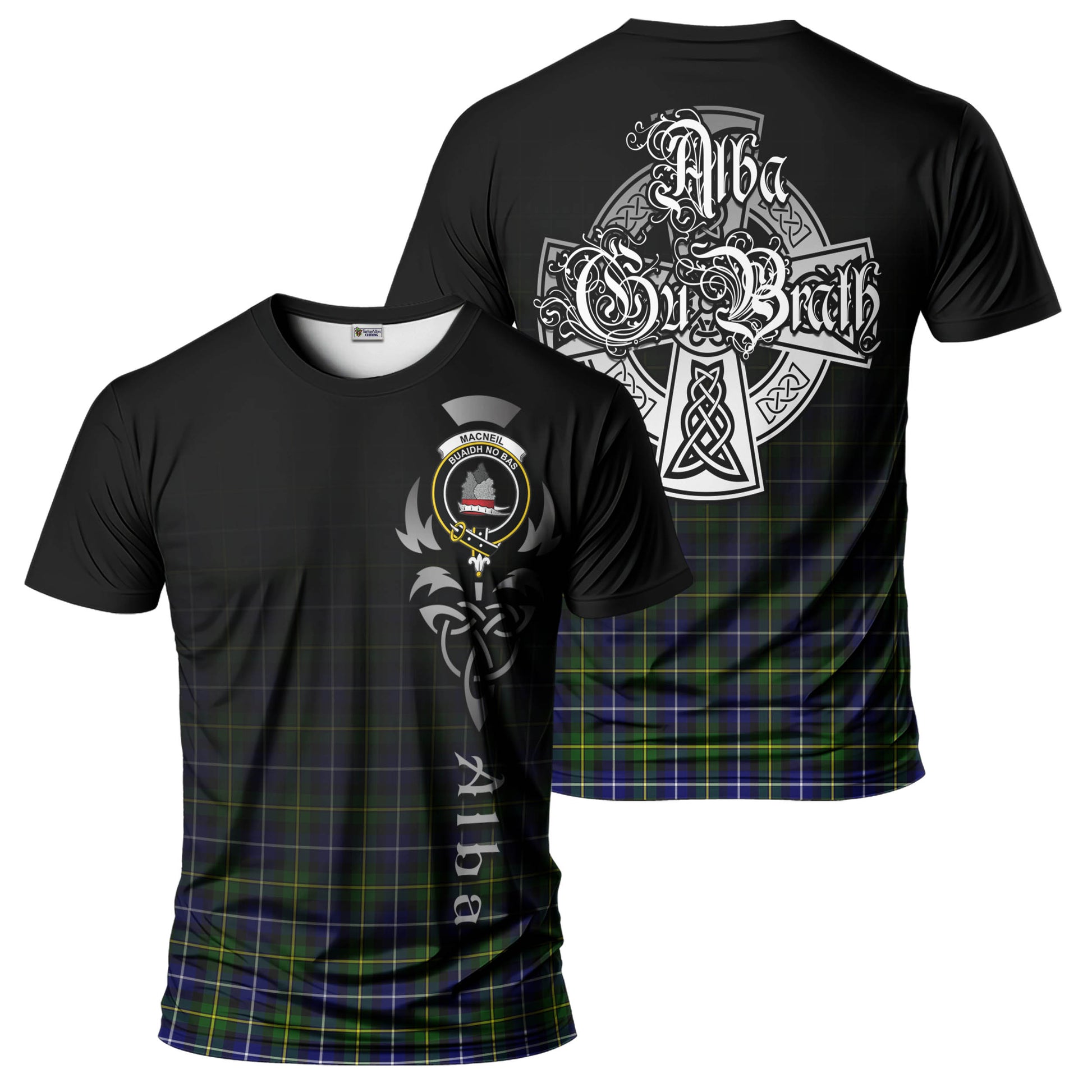 Tartan Vibes Clothing MacNeil of Barra Modern Tartan T-Shirt Featuring Alba Gu Brath Family Crest Celtic Inspired