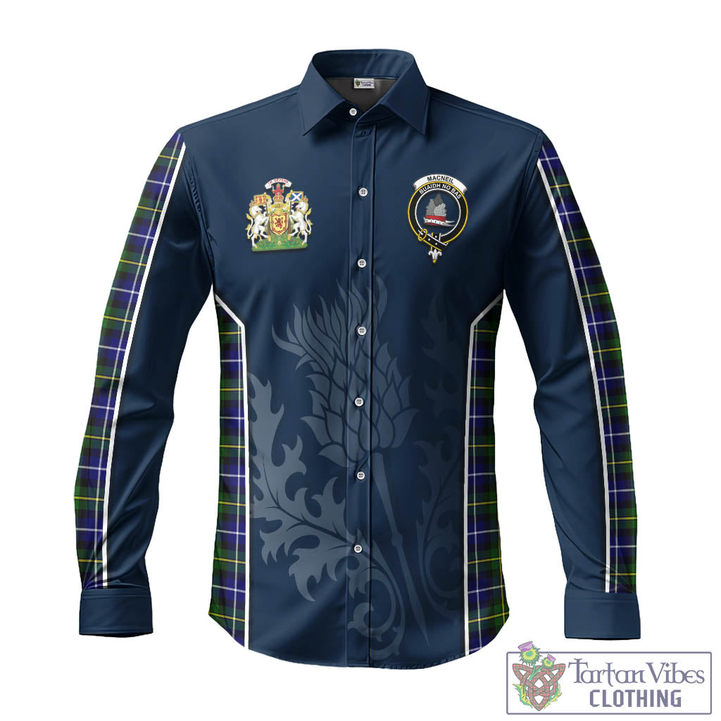 Tartan Vibes Clothing MacNeil of Barra Modern Tartan Long Sleeve Button Up Shirt with Family Crest and Scottish Thistle Vibes Sport Style