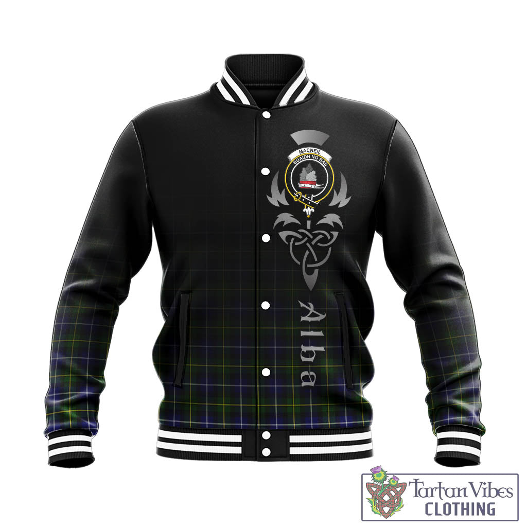 Tartan Vibes Clothing MacNeil of Barra Modern Tartan Baseball Jacket Featuring Alba Gu Brath Family Crest Celtic Inspired