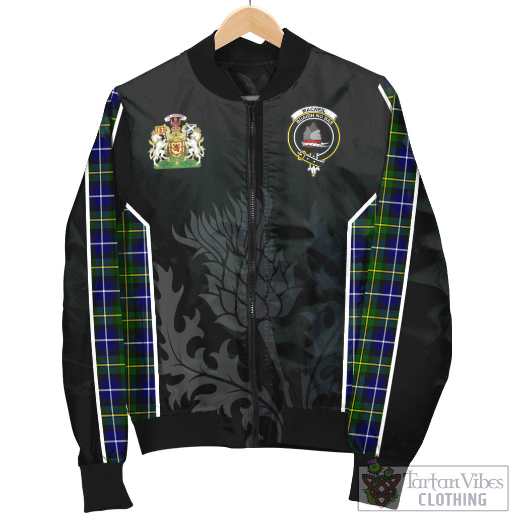 Tartan Vibes Clothing MacNeil of Barra Modern Tartan Bomber Jacket with Family Crest and Scottish Thistle Vibes Sport Style