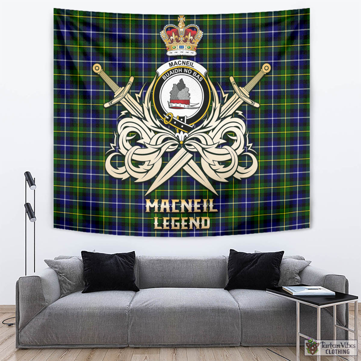 Tartan Vibes Clothing MacNeil of Barra Modern Tartan Tapestry with Clan Crest and the Golden Sword of Courageous Legacy