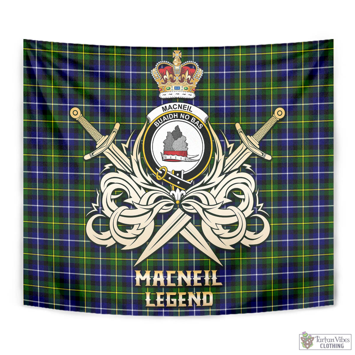 Tartan Vibes Clothing MacNeil of Barra Modern Tartan Tapestry with Clan Crest and the Golden Sword of Courageous Legacy